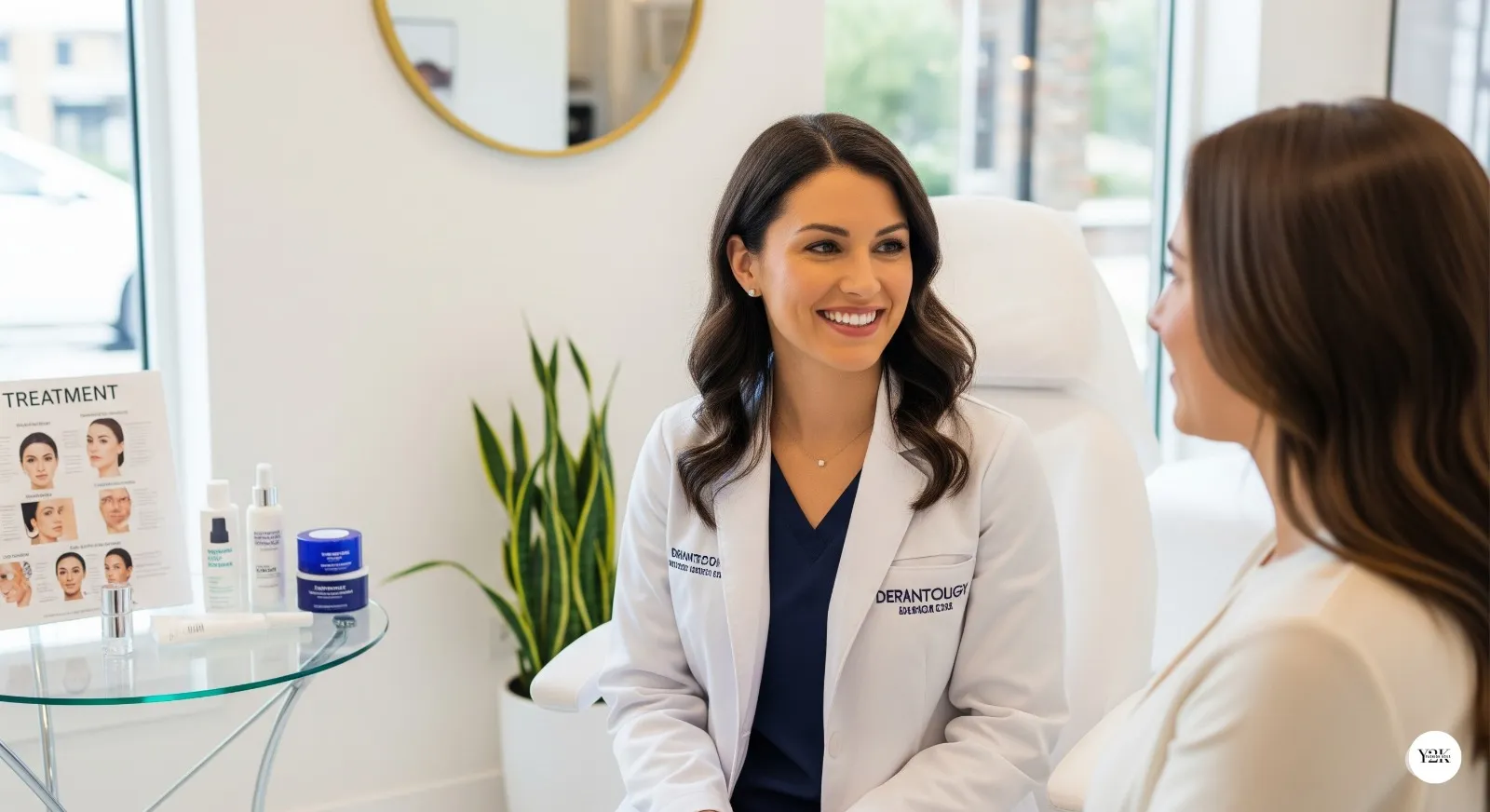 Dermatologist and patient discussing non-surgical treatments in a bright, modern clinic, emphasizing facial harmony and a welcoming vibe.